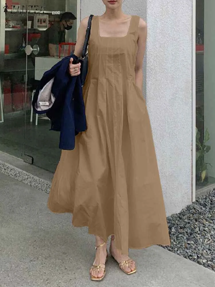 

2024 ZANZEA Summer Sleeveless Long Dress Elegant Women Square Neck Party Holiday Sundress Robe Femme Casual Pleated Vestidos