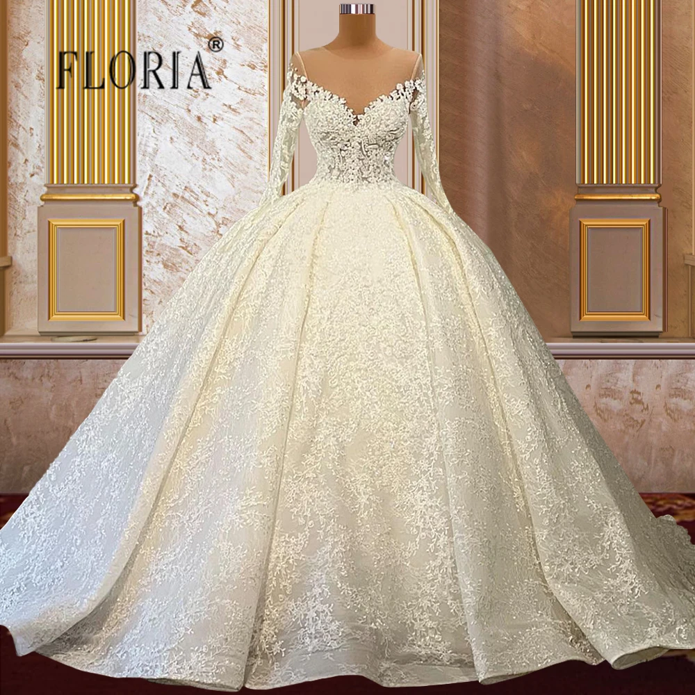 

Newest Luxurious Ball Gown Puffy Wedding Dresses Long Sleeve Sequins Lace Crystal Beading Formal Elegant Bride Gowns Custom Size