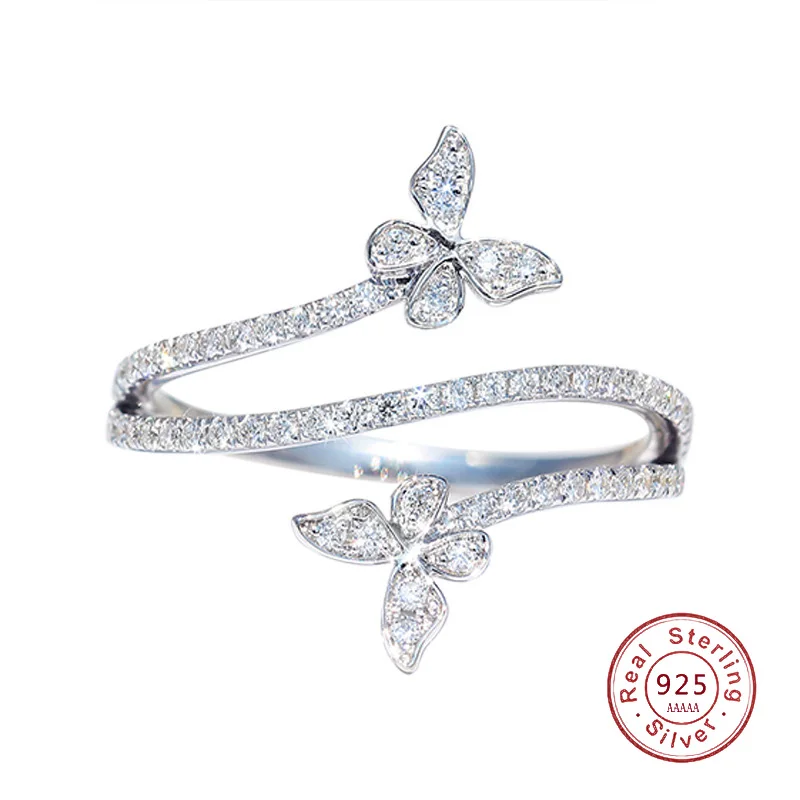 

2022 NEW Fashion Double Butterfly Ring for Women Silver Clear Zircon Lab Diamond Wedding Engagement Ring Gift Jewelry Wholesale