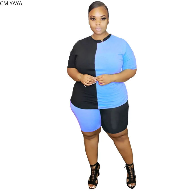 CM.YAYA Patchwork Women Two Piece Sets Summer Tracksuit Short Sleeve Tee Tops + Shorts Leggings Suit Fitness Outfit Sweatsuit |