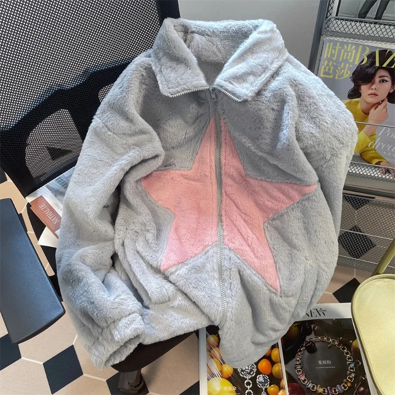 

Женская кашемировая куртка в американском ретро стиле, модная теплая пушистая куртка с ложным воротником и хлопковой подкладкой в Корейском стиле со звездами, зима 2023
