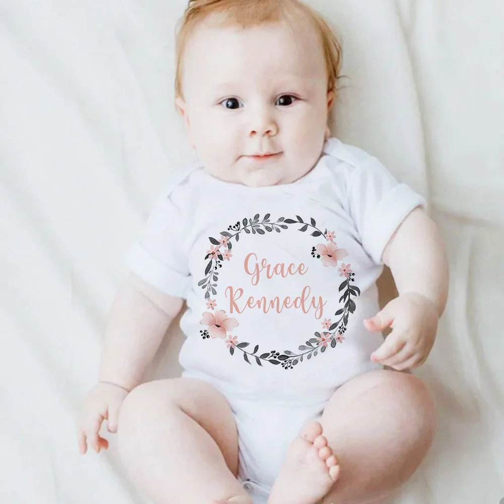 

Personalized Baby Girl Bodysuit Custom Baby Name Romper Girls Garland Print Clothes Newborn Shower Gift Coming Home Outfit