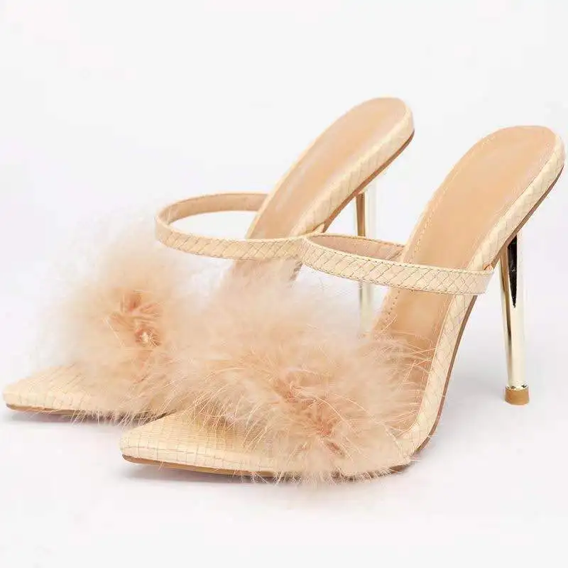 2022 New Summer Sexy Pointed Toe Fluffy Slippers Ladies Sandals Fashion Design Stiletto Heels Women Mules Shoes Fur Slides images - 6