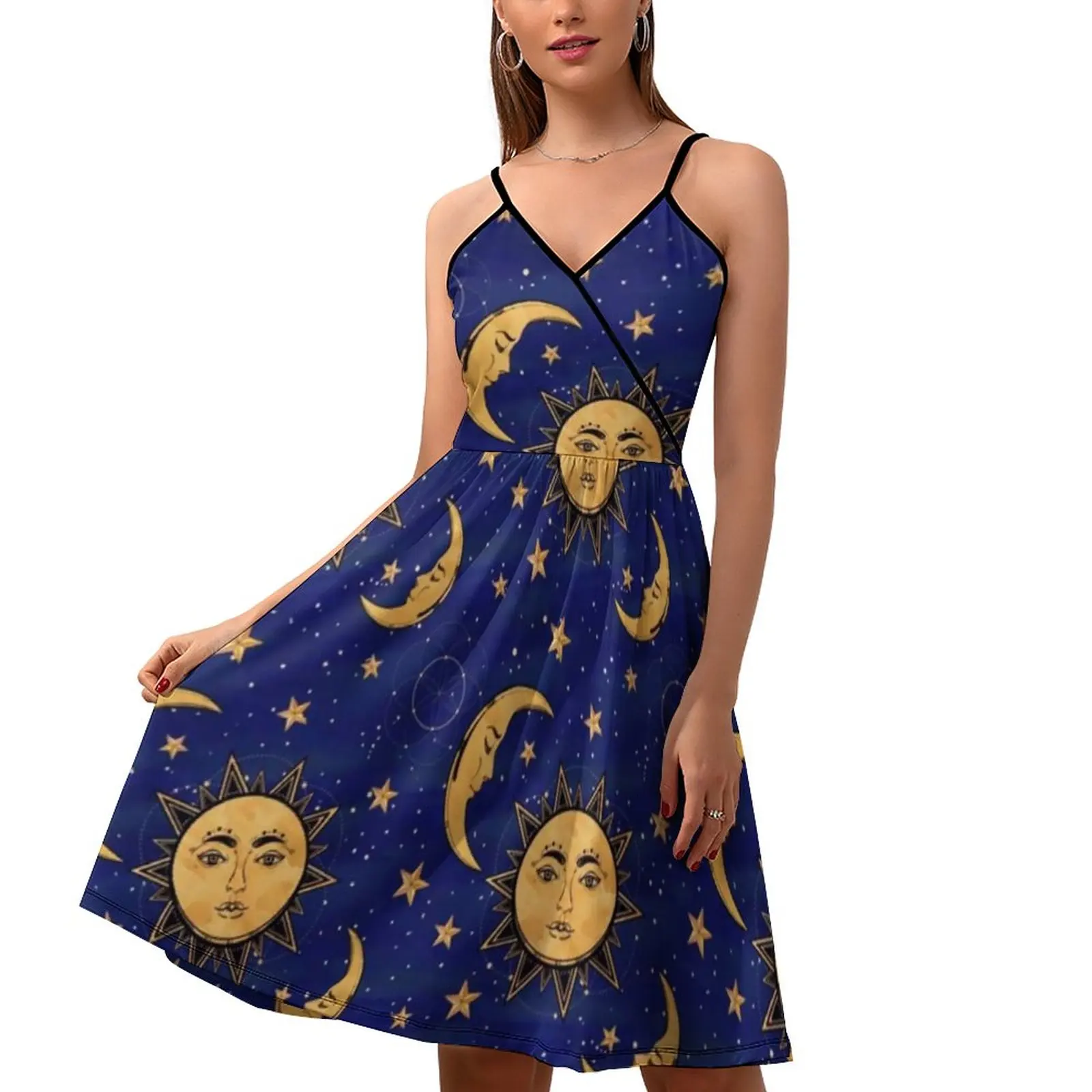 

Vintage Sun Dress Moon And Stars Celestial Sexy Dresses Female Streetwear Casual Dress Strap Pattern Oversized Clothes