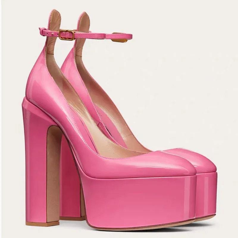 Women's Ultra-High Heels Fashion Sandals Thick Soled Patent Leather Round Head Buckle Shoes Banquet Temperament Candy Sandals