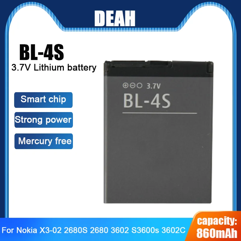 1-2PCS New Original 860mAh BL-4S BL4S BL 4S Rechargeable Phone Battery For Nokia X3-02 2680S 2680 3602 S3600s 3602C 3710F 7610C - купить по