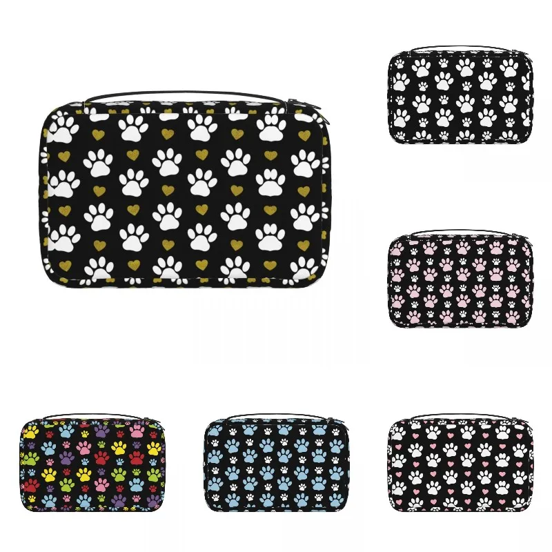

Trendy Pattern Of Paw Toiletry Bag for Women White Dog Paws Gold Heart Makeup Cosmetic Organizer Ladies Storage Dopp Kit Box