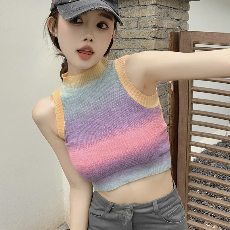 

Rainbow Striped Summer Knitted Tank Tops Women High Collar Sleeveless Cropped Top Shirts Backless Sexy Streetwear Vintage Slim