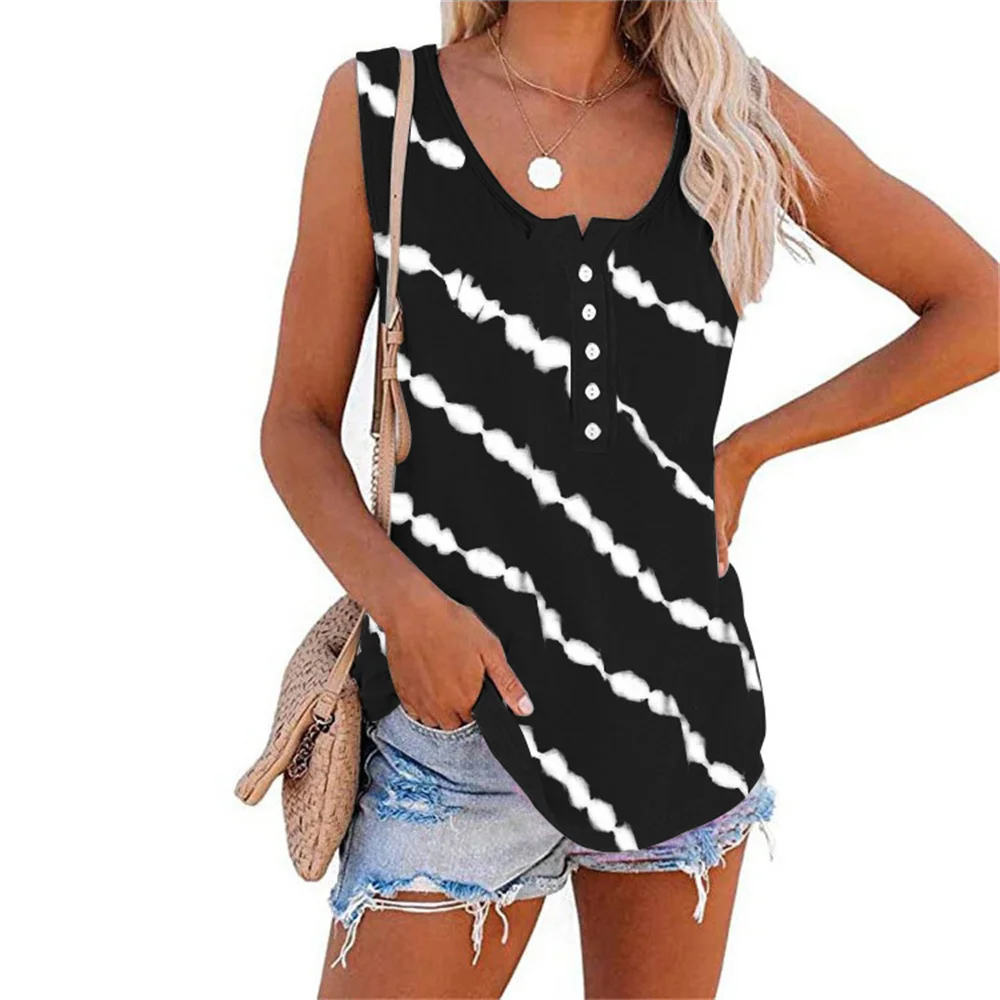 New Women Summer Casual Top sleeveless Round Neck Incline Striped Buttons T-Shirt Womens Clothing Fashion Sexy Beach Ladies Vest