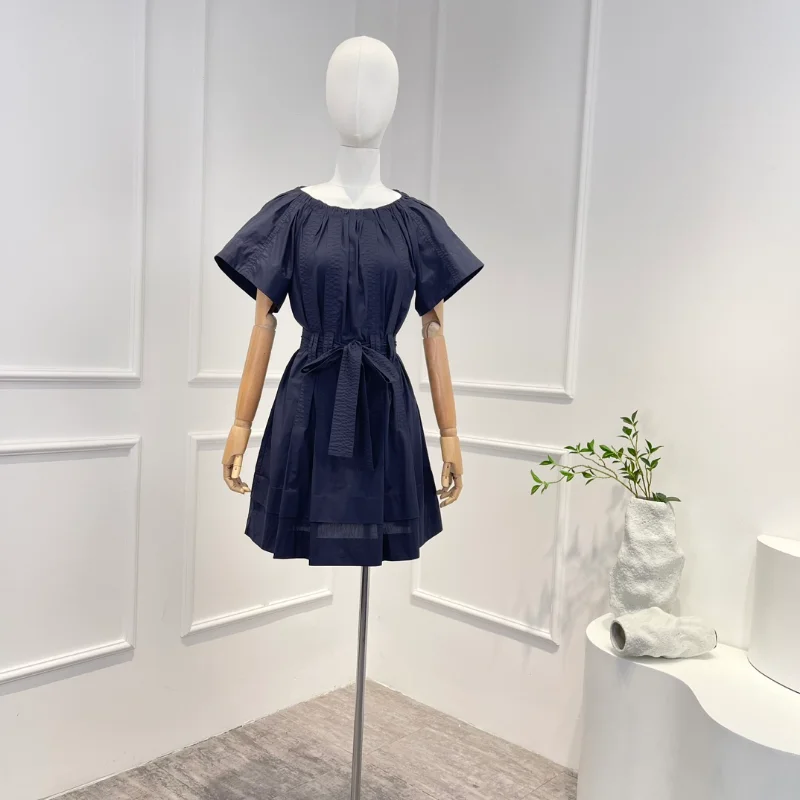 

2023 Summer New Arrival Women Fashion Navy Blue Cotton Lace-up Pleated O-neck Short-sleeve Knee-length Dresses