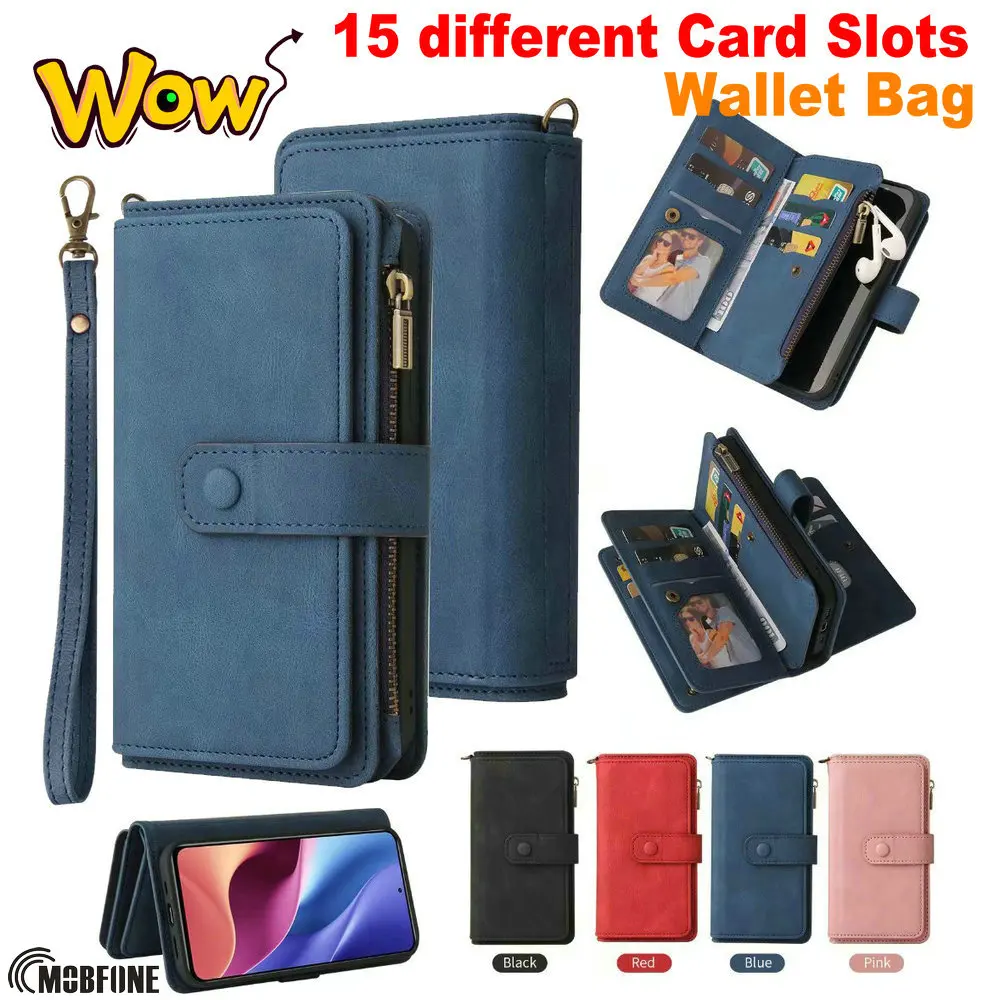 

MOTO Edge S X 30 15 Card Slots Holder Luxury Leather Case Zipper For MOTOROLA G10 G30 G60 G100 E7 Power Play Cover Wallet Bags