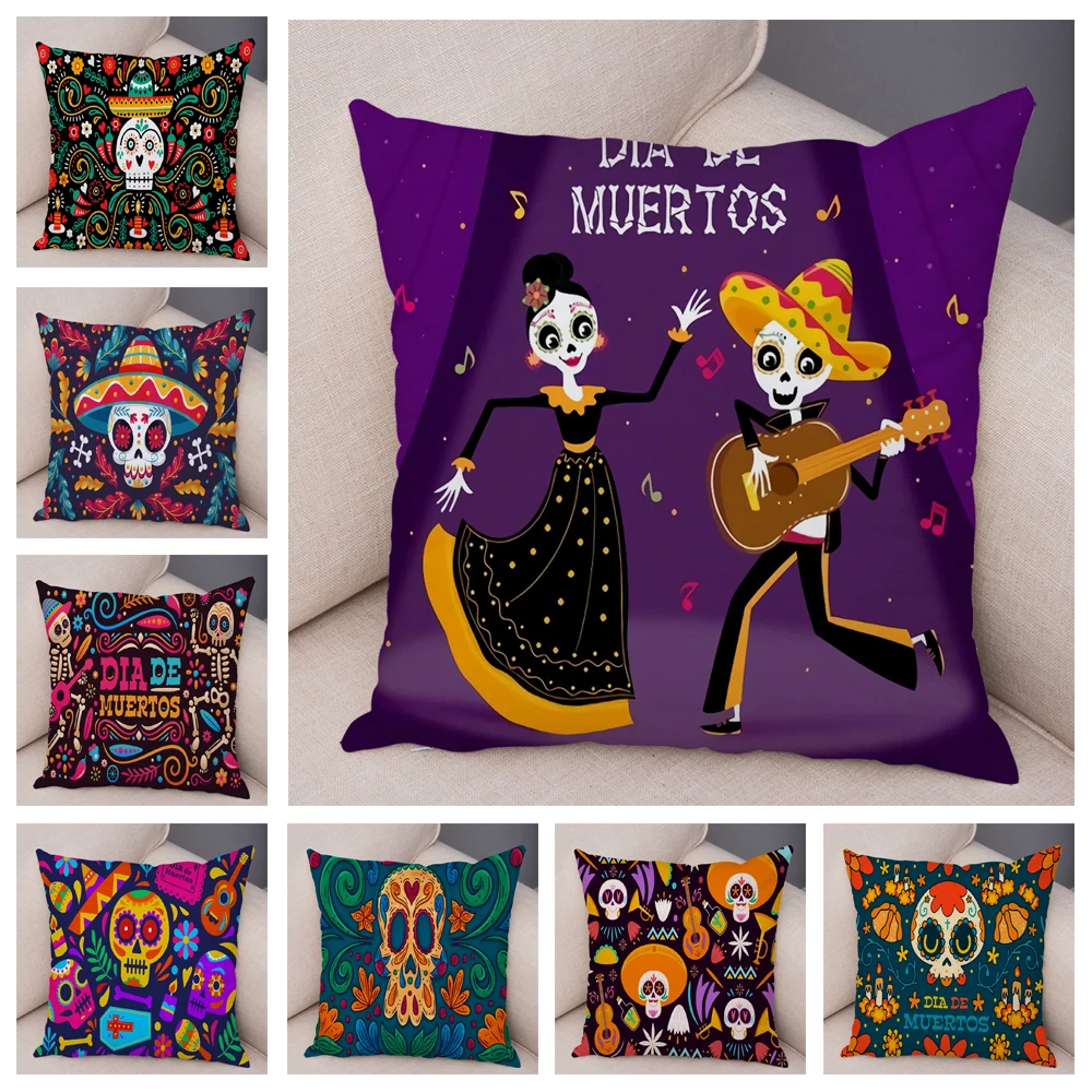 

Cartoon Mexico Flower Skull Print Cushion Cover Decor Day Of The Dead Pillowcase for Sofa Home Soft Plush Pillow Case 45x45cm