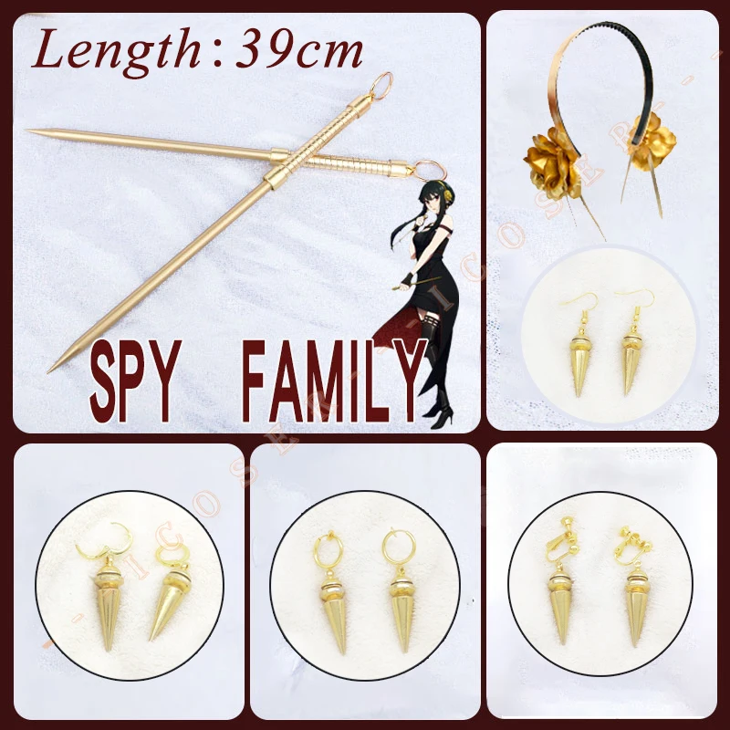 

Yor Forger Earrings Anime Spy×Family Yor Briar Cos Weapons Golden Ear Clip Hook Rose Flower Headband Women Headwear Cosplay Prop