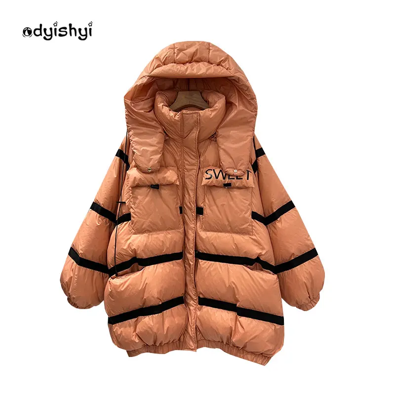 

Orange Red Hooded Down Jacket Women Mid Long Parka 2022 Winter New Loose Large Size 90 White Duck Down Coat Fashion Ladies Warm