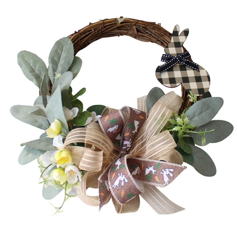 

Easter Wreath Cute Bunny Wreath with Flower Bow Garland Home Front Door Hanger