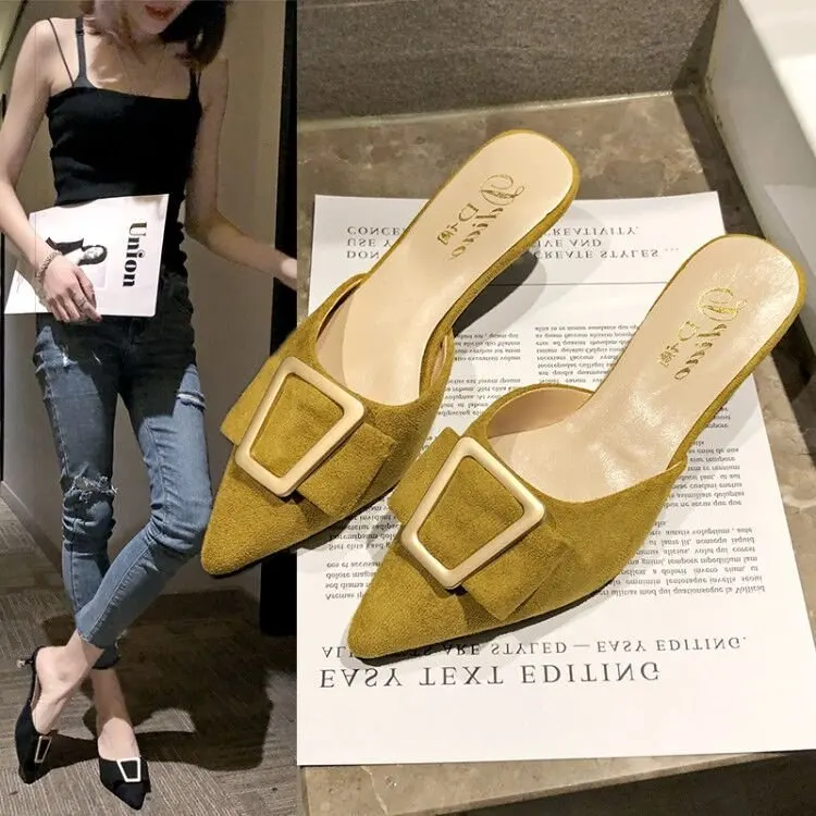 

Rivet Shoes Woman 2022 Shallow Flock Slippers Heels Med Luxury Slides Pointed Toe High Designer Thin Fabric Rubber PU Metal Deco