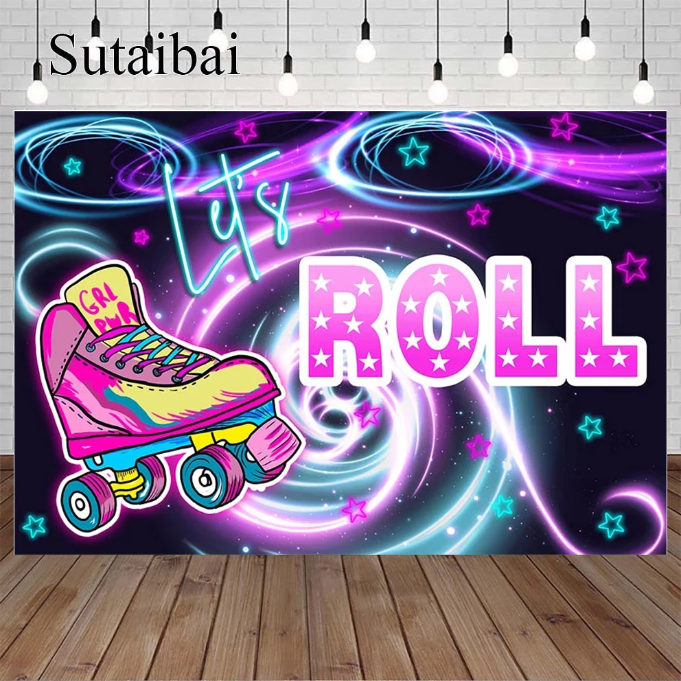 Roller Skating Photography Background Let's Roll Girls Birthday Party Neon Cake Table Decor Backdrop Photo Studio Photocall Prop
