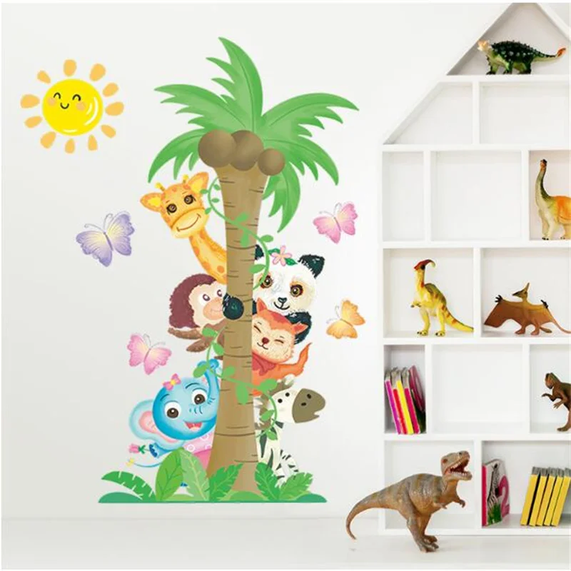 

Cartoon Animal On The Tree Wall Sticker For Girl ’s Bedroom Giraffe Panda Elephant Coconut Tree Children's Room Decoration Home
