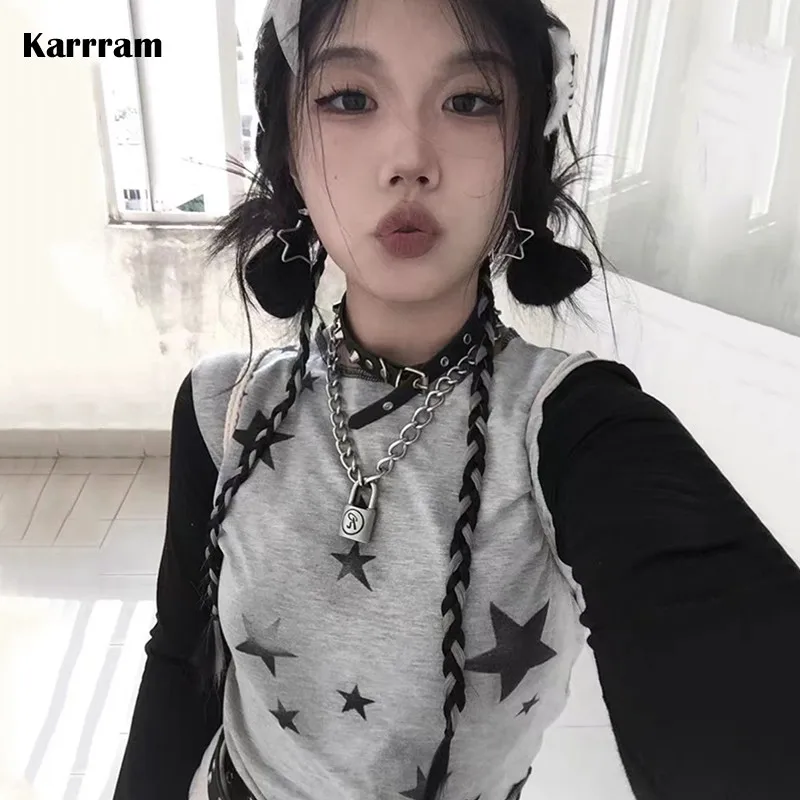 Karrram Y2k Aesthetics Crop Tops Gothic Patchwork T-shirt Grunge Star Print Tshirt Japanese Harajuku Tops E-girl 2000s Clothes