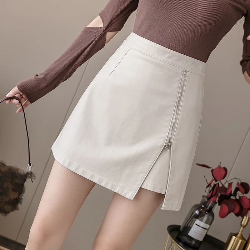 Fashion Women Mini Skirt Sexy Slit Zipper Design PU Feamle Skirts A Type High Waist Streetwear 2022