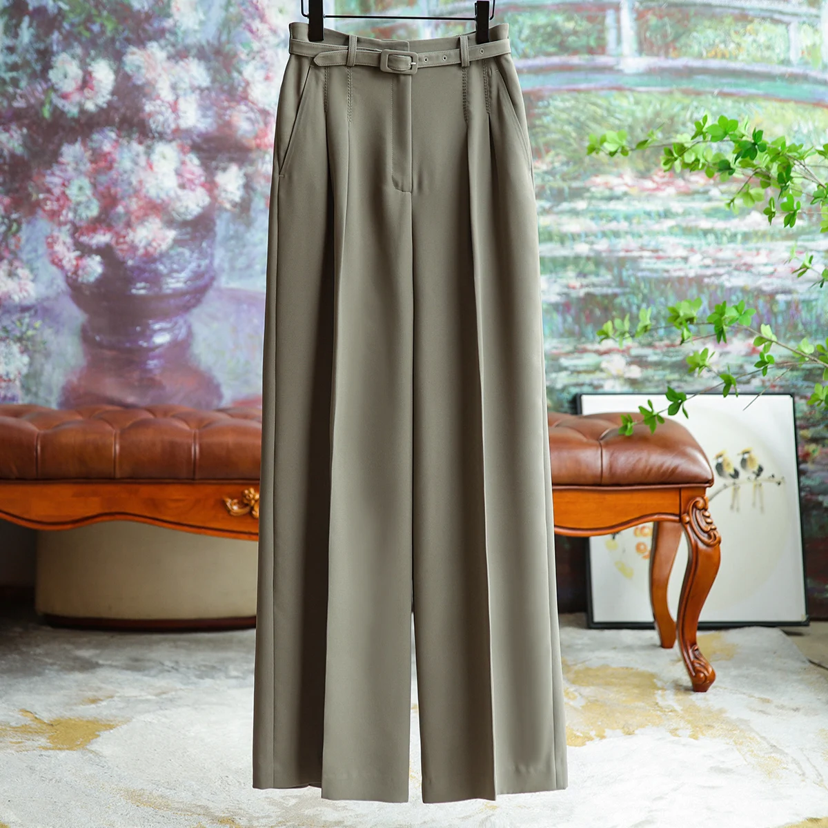 High Quality Light Luxury High Waist Wide Leg Pants for Womens Summer Office Work Lady Casual Up Temperament Pure Color Trousers