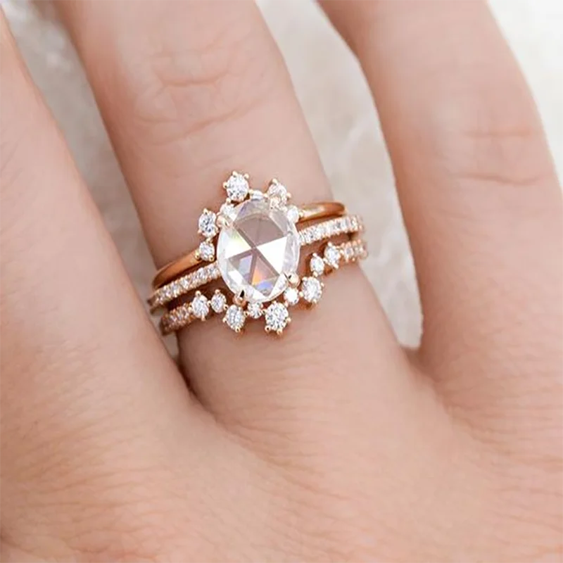 

3 Pcs/Set Elegant Rose Gold Plating Color Crystal Zirconium Rhinestone Female Ring Set for Women Wedding Engagment Jewelry