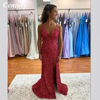 century v neck sequin prom dresses mermaid glitter prom gown high split evening dresses charming sexy wedding party dresses