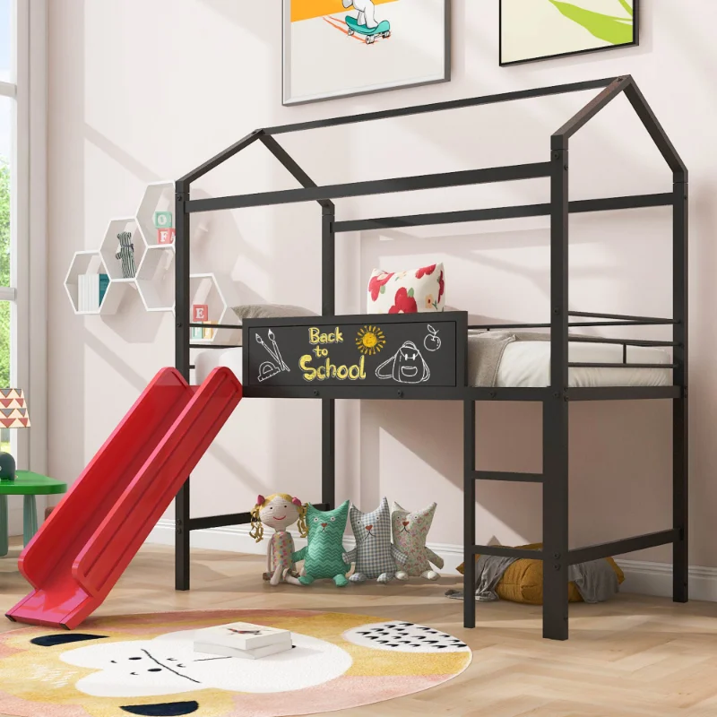 

Metal House Bed with Slide Twin Size Metal Loft Bed with Two-sided Writable Wooden Board Metal House Bed with Slide [US Stock]