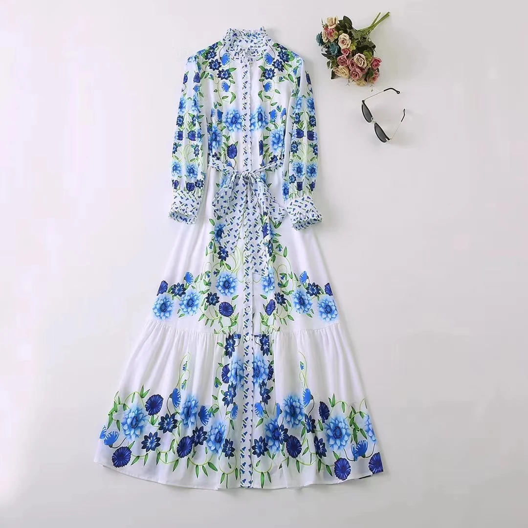 New European and American women's wear for winter 2022  Long sleeve collar in blue floral print  lace-up  Fashion pleated dress