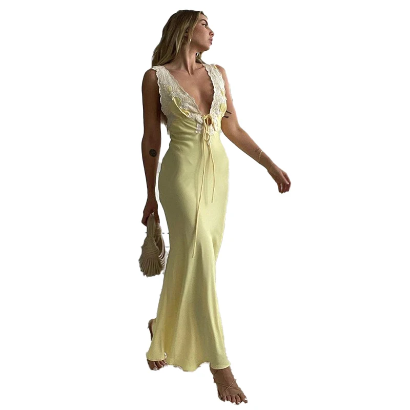 

Летнее элегантное кружевное женское атласное платье, кружевное привлекательное облегающее платье без рукавов с V-образным вырезом и открыт...