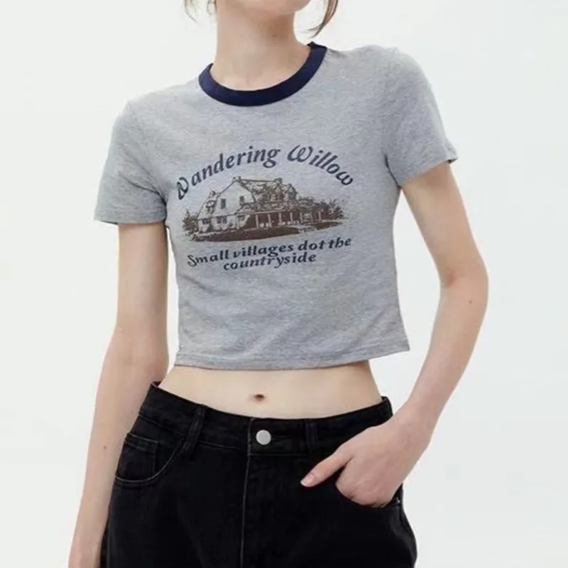

Summer Vintage Print Cropped T-shirts Round Neck Short Sleeve Slim Cotton T-shirts Y2k Street Fashion Tee Tops For Women Clotjes