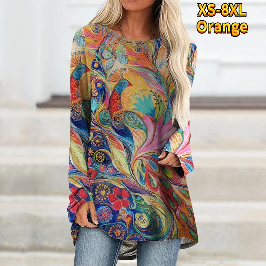 

Элегантная футболка с принтом павлина, Осенний Женский Повседневный пуловер с круглым вырезом и длинным рукавом, топы, модная Уличная Повсе...