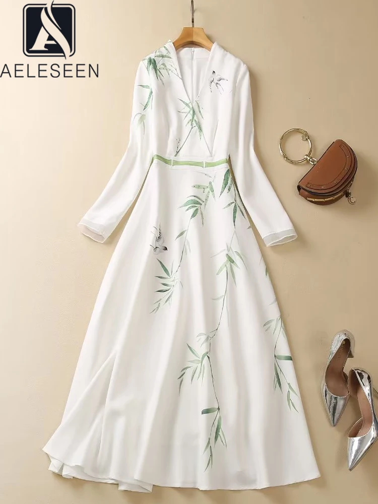 

AELESEEN Designer Fashion Women White Dress Spring Summer V-Neck Bamboo Print Birds Beading Elegant Long Party Vacation
