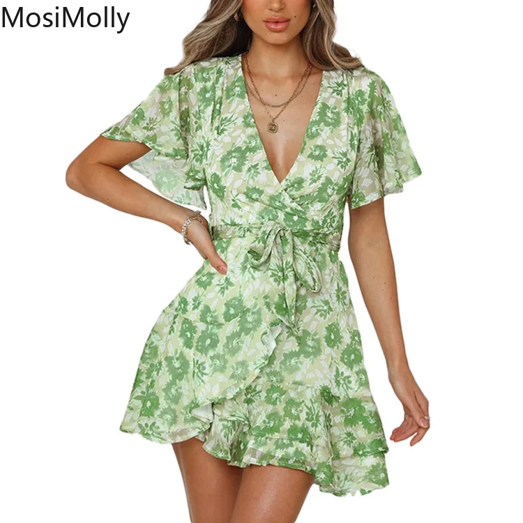 

MosiMolly 2022 Dress Floral Dress Ruffle Mini Dress Romantic French Dress Chiffon Boho Beach Dress Female Vestidos