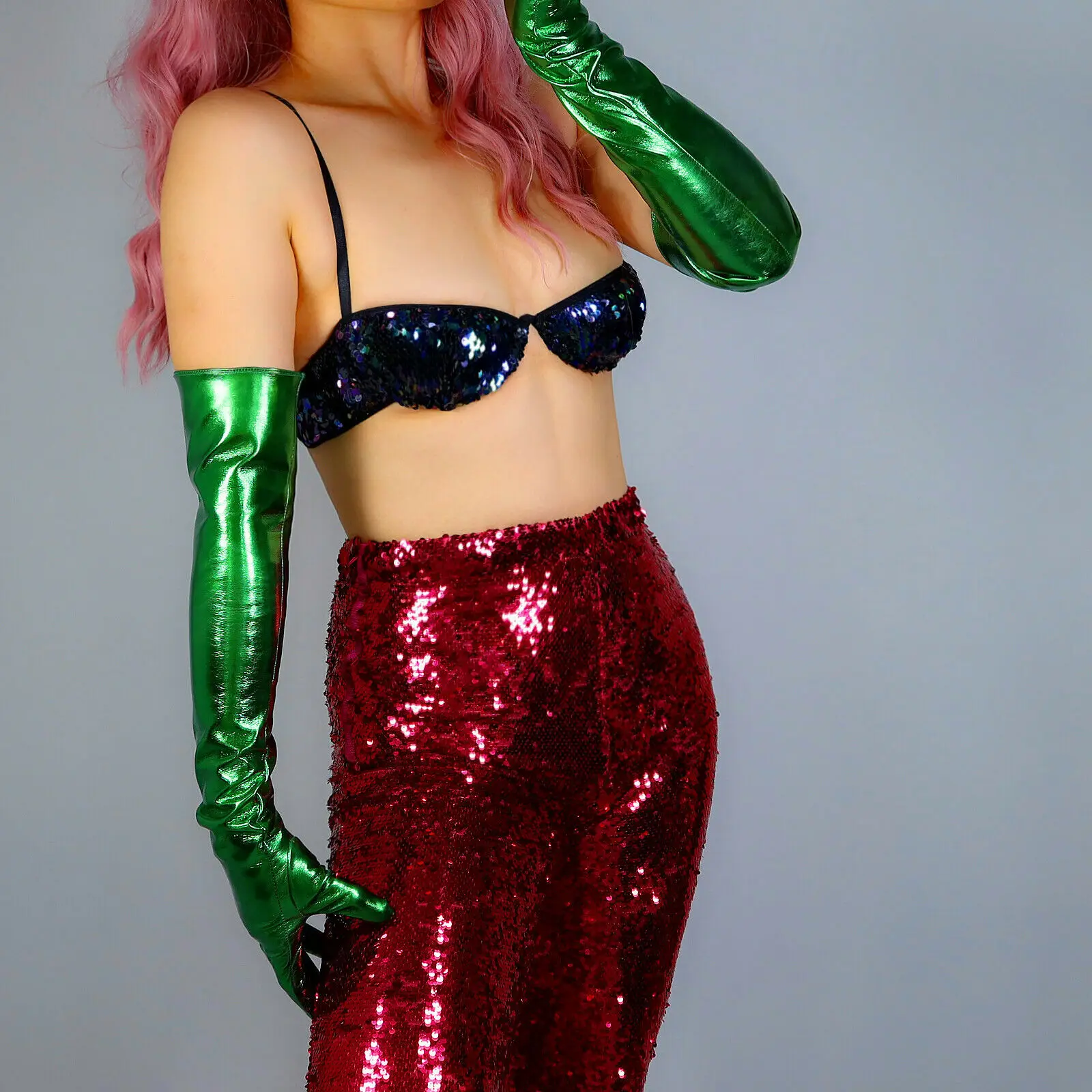Металлические зеленые оперные перчатки Shine Metallic Green Opera Gloves Half Pulm из искусственной латексной кожи PU для вечерних нарядов, модный тренд, костюм на Хэллоуин (art.: 3920dad412848) - 3920dad412848
