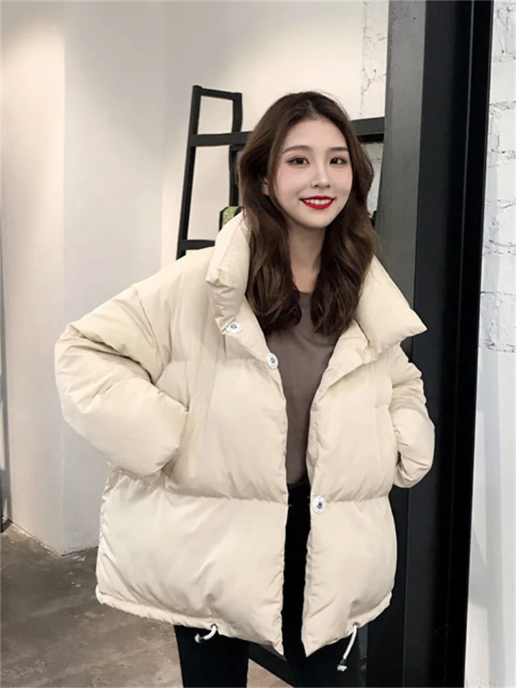 

Winter Coat Women Apricot Loose Bread Clothing 2022 New Fashion Korean Short Thick Warmth Students Stand Collar Parkas Feminina