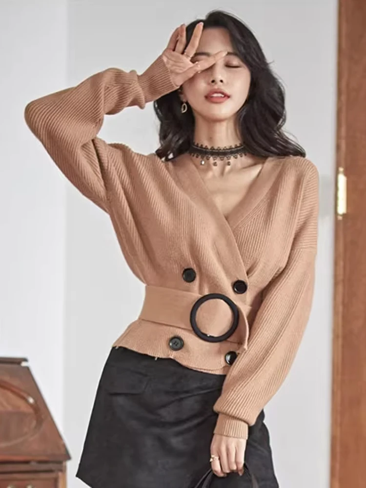 

Korean Casual Women Sweater Short Knitted Cardigan Jackets Mujer Belt Tops Button Loose Coat Female Stretchy Outwear Lady Spring