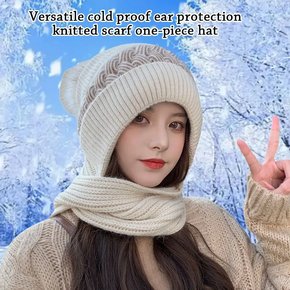 

Integrated Ear Protection Windproof Cap Scarf Knitting Thickening Hat Winter Beanie Hat Scarf