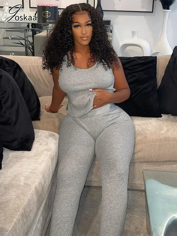 

Joskaa Ribbed Gray Two Piece Set Women Casual Crop Tank Top and High Waisted Leggings Matching 2023 Tracksuits Comfy Lounge Wear