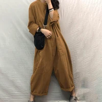 vintage solid rompers womens autumn jumpsuits 2022 causal long sleeve playsuits female button pants overalls