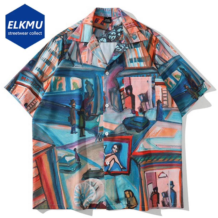 

Oil Painting Print Fashion Men Shirts 2023 New Summer Hip Hop Streetwear Harajuku Shirts Short Sleeve Button Up Blouse