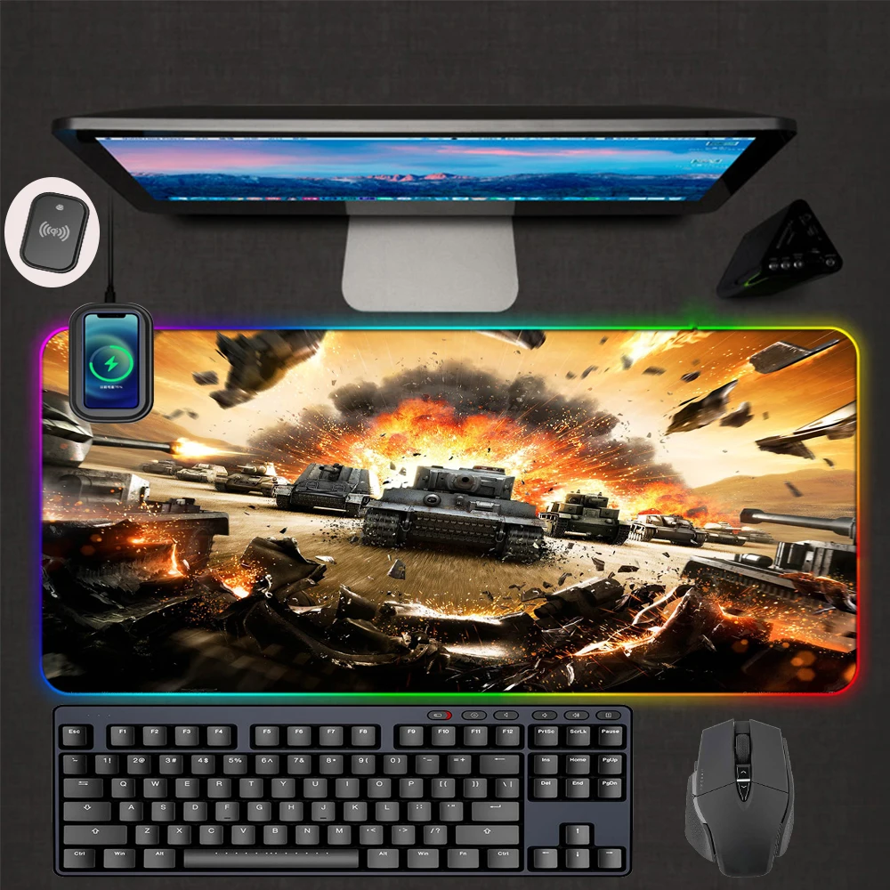 

World of Tanks Wireless Charging Mouse Pad RGB Gaming PC Laptop LED Backlit Keyboard USB Type-c Gamer Accessories Large Mousepad