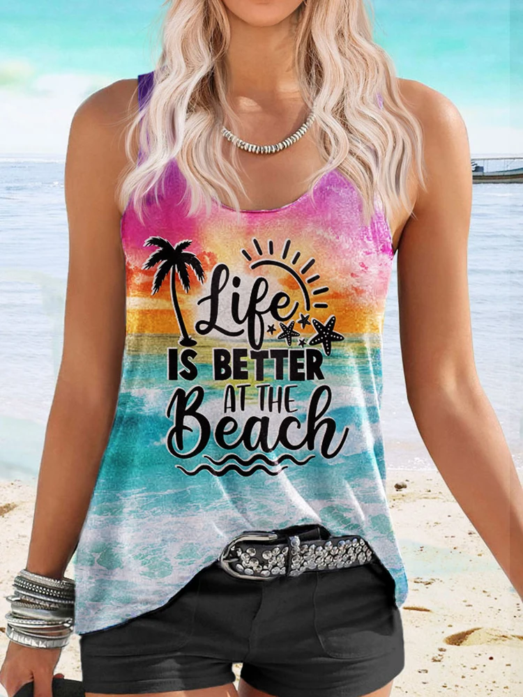 

Women Vacation Tank Top Funny Life Is Better At The Beach Coconut Tree Racerback Tanks Gradient Colorful Sunshine Vest Shirt