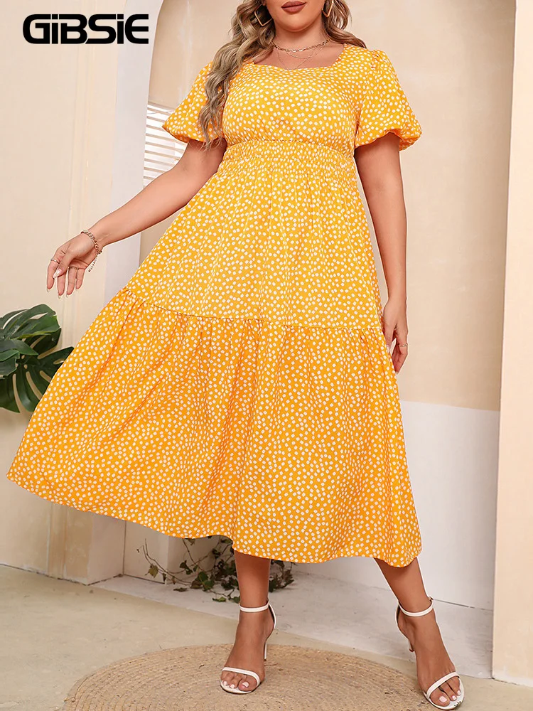 

GIBSIE Plus Size Polka Dot Sweetheart Neck Puff Sleeve Dress Women Summer High Waist Sweet Ladies Vacation A-line Long Dresses