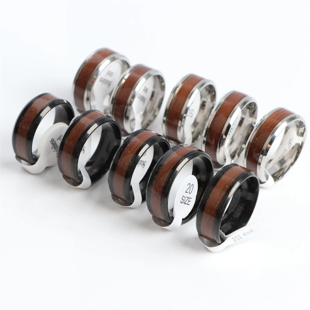 

20Pcs/Lot Fashion Tree Timber Pattern Wood Stainless Steel Rings Jewelry For Women Men Party Gifts Wholesale