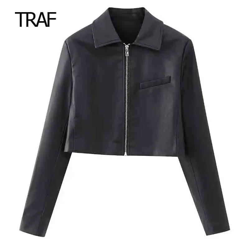 

TRAF Faux Leathe Bomber Jacket Women Long Sleeve Top Autumn 2023 Cropped Jacket Hip Biker Jacket Fashion Streetwear Cropped Tops