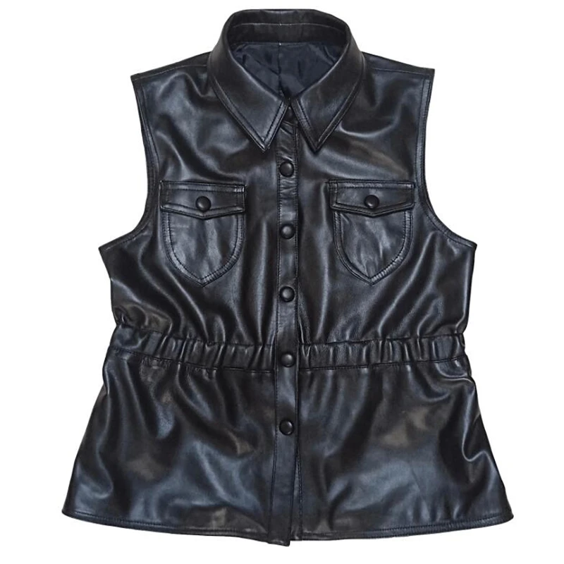 Leather Waistcoat Women's Spring Autumn Lapel Short Sheepskin Tops Genuine Leather Slim Sleeveless Vest Women's Short Outer Wear