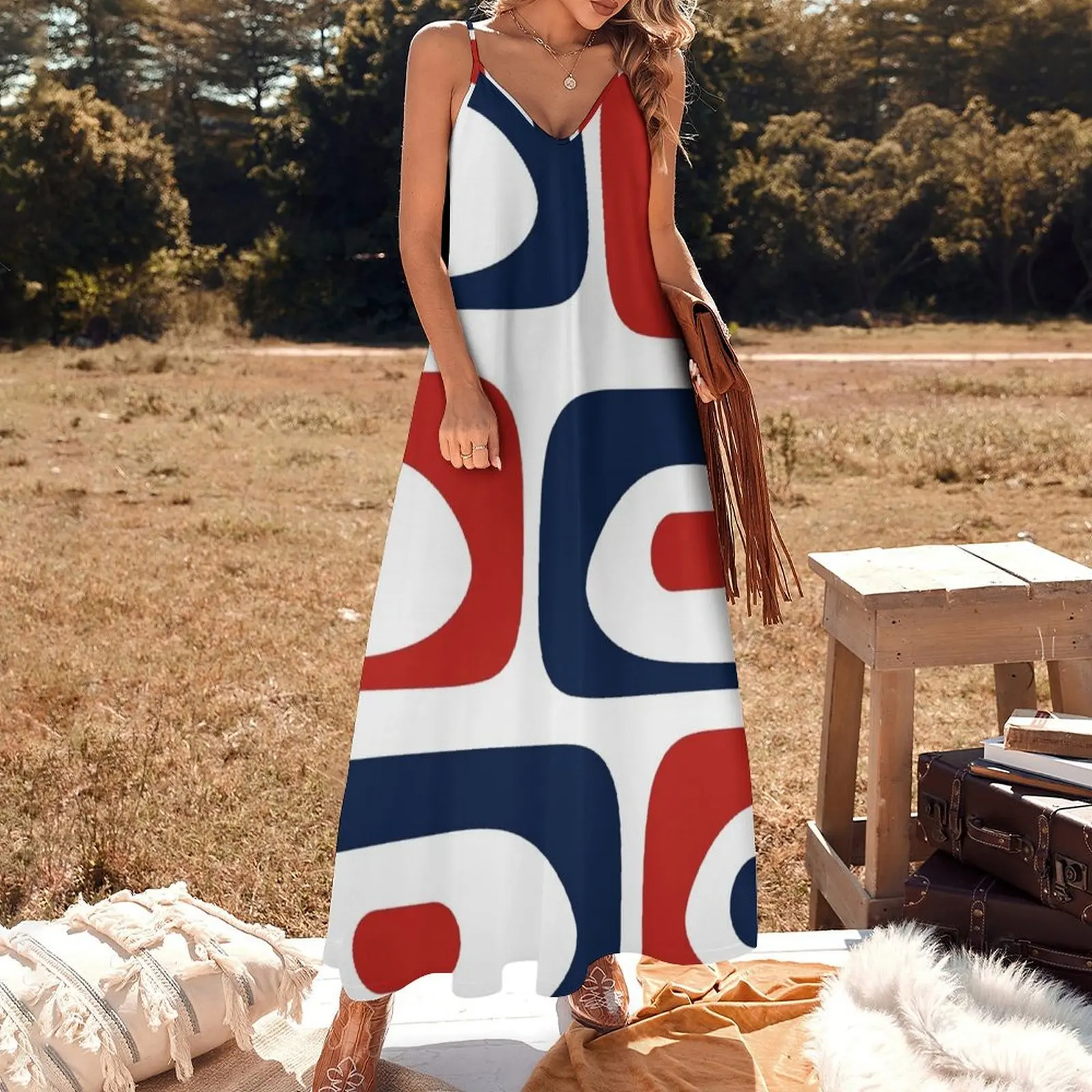 Платье Минималистичный Абстрактный Узор Красный Белый Морской Синий