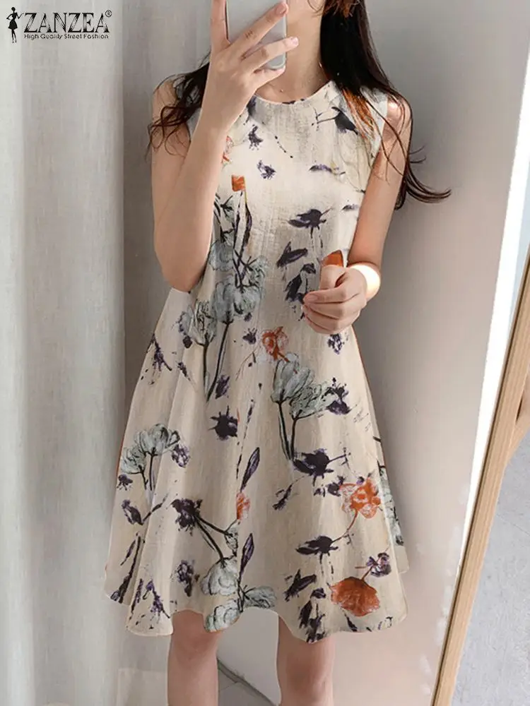 

ZANZEA Summer Printing Women Dress New Sleeveless O-Neck Button Dresses Stylish Casual Elegant Oversized Holiday Beach Sundress
