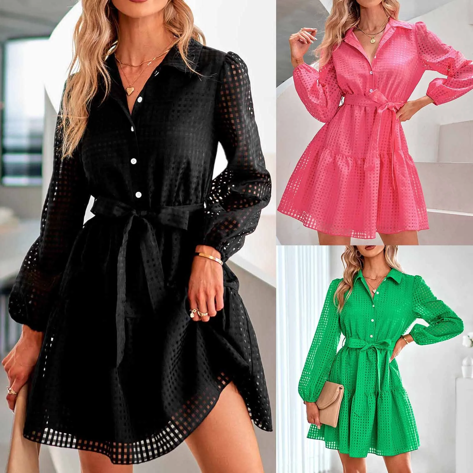 

Women's Long Sleeve Fashion Single Breasted Slim Fit Solid Plaid Dress Daily Wear Dresses for Women